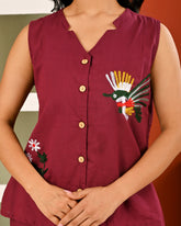 Cotton Wine Berry Embroidered Sleeveless Co-ord Set